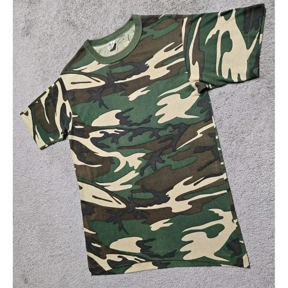 Vintage 80s Woodland Camo T-Shirt Mens Sz Small Single Stitch USA Patriot - Picture 7 of 12